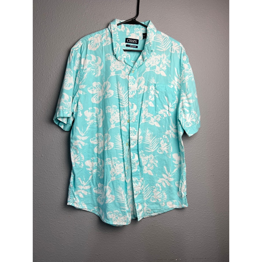 Chaps Mens‎ XL Go Untucked Tropical Hibiscus Floral Shirt Turquoise Blue Cotton